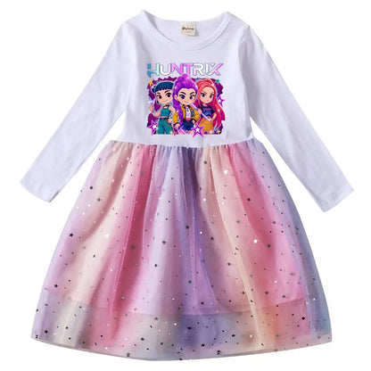 Girls' K-Pop Demon Hunters "Star Sparkle" Long Sleeve Tutu Dress: Rainbow Tulle Princess Gown