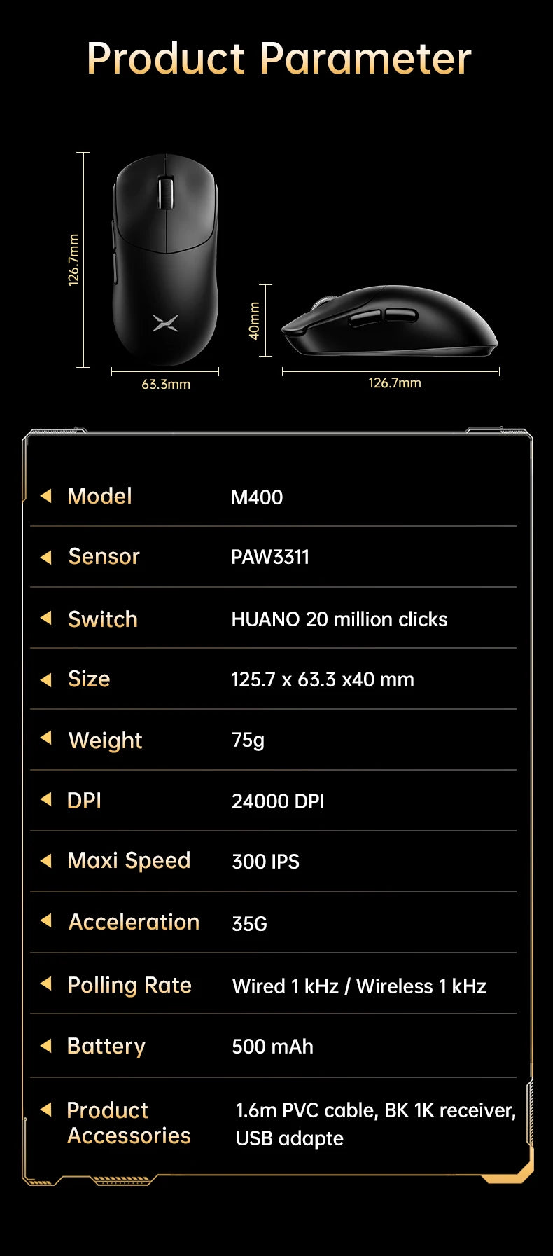 Delux M400 Wireless Gaming Mouse,24000DPI,1KHz Polling Rate,PAW3311,Tri-mode 500mAh Rechargable Mice for All Hands PC Gamer