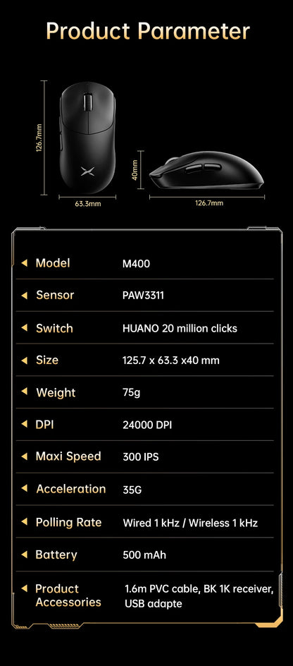 Delux M400 Wireless Gaming Mouse,24000DPI,1KHz Polling Rate,PAW3311,Tri-mode 500mAh Rechargable Mice for All Hands PC Gamer