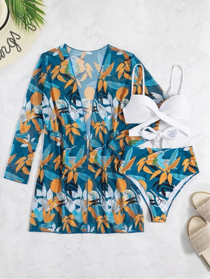 Three Pieces Bikini Set Cover Up Women 2023 New Push Up Twist Swimsuit Print Long Sleeve Swimwear Biquini Bathing Suit Summer