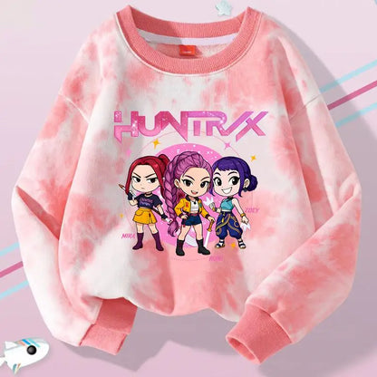 K-Pop Hunters Zoey Mira Rumi Tie-dyed Sweatshirt for Girl Pullover Crew Neck Child Sportwear Long Sleeve Cartoon Kids Tops