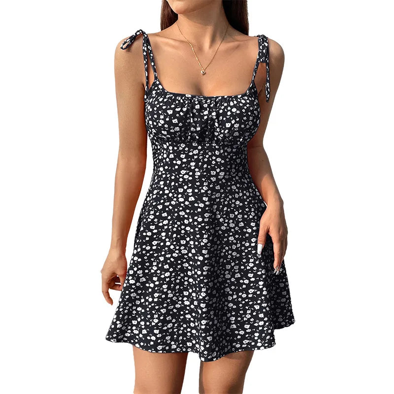 French Style Floral Summer Mini Dress: Sleeveless Camisole with Tie Straps