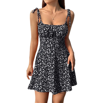 French Style Floral Summer Mini Dress: Sleeveless Camisole with Tie Straps