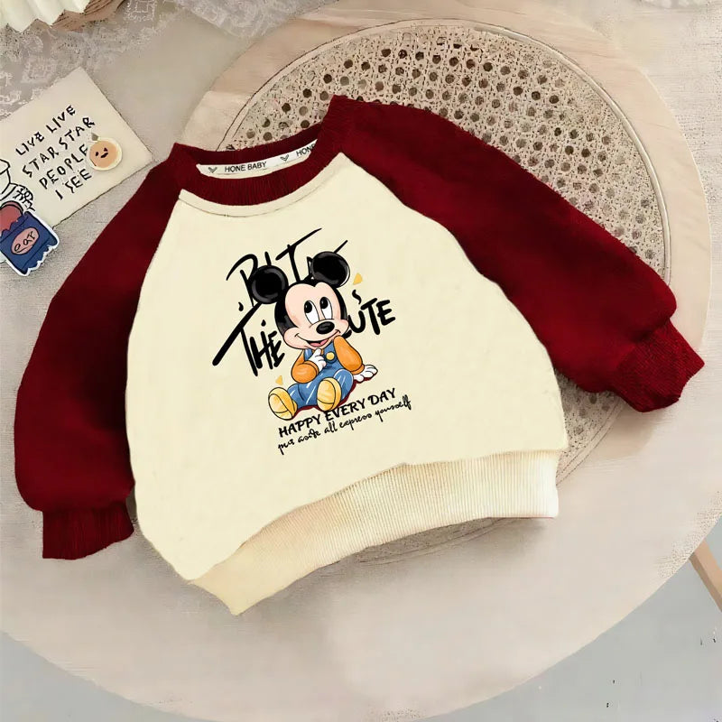 Mickey Printed Spring Autumn New Children Sweatshirts Kids Fashion O Neck Hoodies Baby Boys Spliced Long Sleeved Casual Pullover