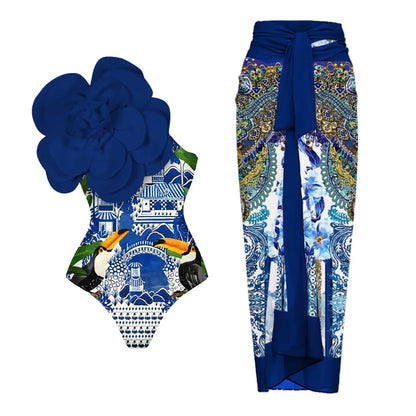 2024 Sexy Women's Swimsuit with Skirt One-Piece Swimwear Vintage Ruffle V Neck Cover Up Bikinis Set Beachwear Bathing Suit