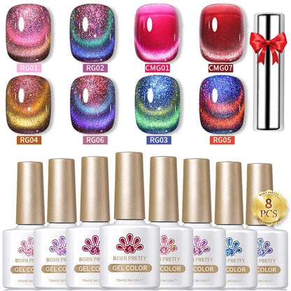BORN PRETTY 8Pcs Glitter Cat Magnetic Nail Gel Polish Set Moonlight Transparent Summer Semi Permanent UV Gel Soak Off Nail Gel