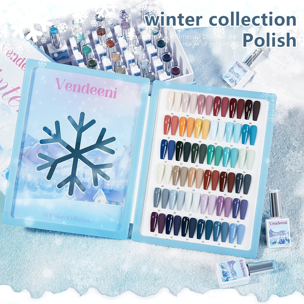 Vendeeni 36 Colors/Set High Pigment Winter Cyan Blue Gel Nail Polish TPO HEMA FREE Brown Purple UV LED Gel Varnish With Display