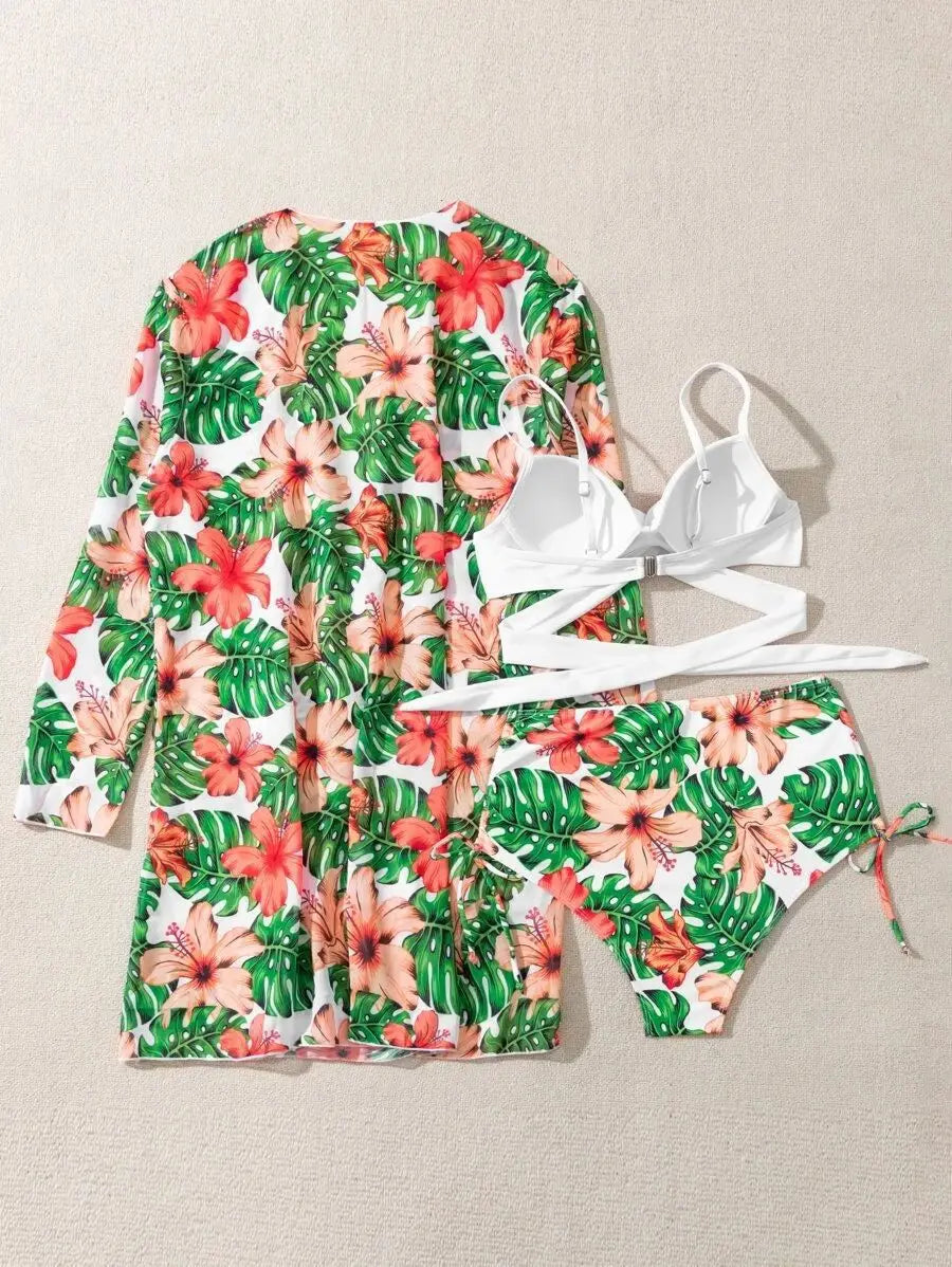 Three Pieces Bikini Set Cover Up Women 2023 New Push Up Twist Swimsuit Print Long Sleeve Swimwear Biquini Bathing Suit Summer