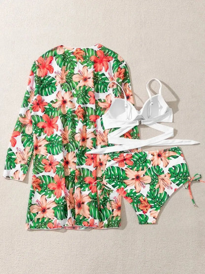 Three Pieces Bikini Set Cover Up Women 2023 New Push Up Twist Swimsuit Print Long Sleeve Swimwear Biquini Bathing Suit Summer
