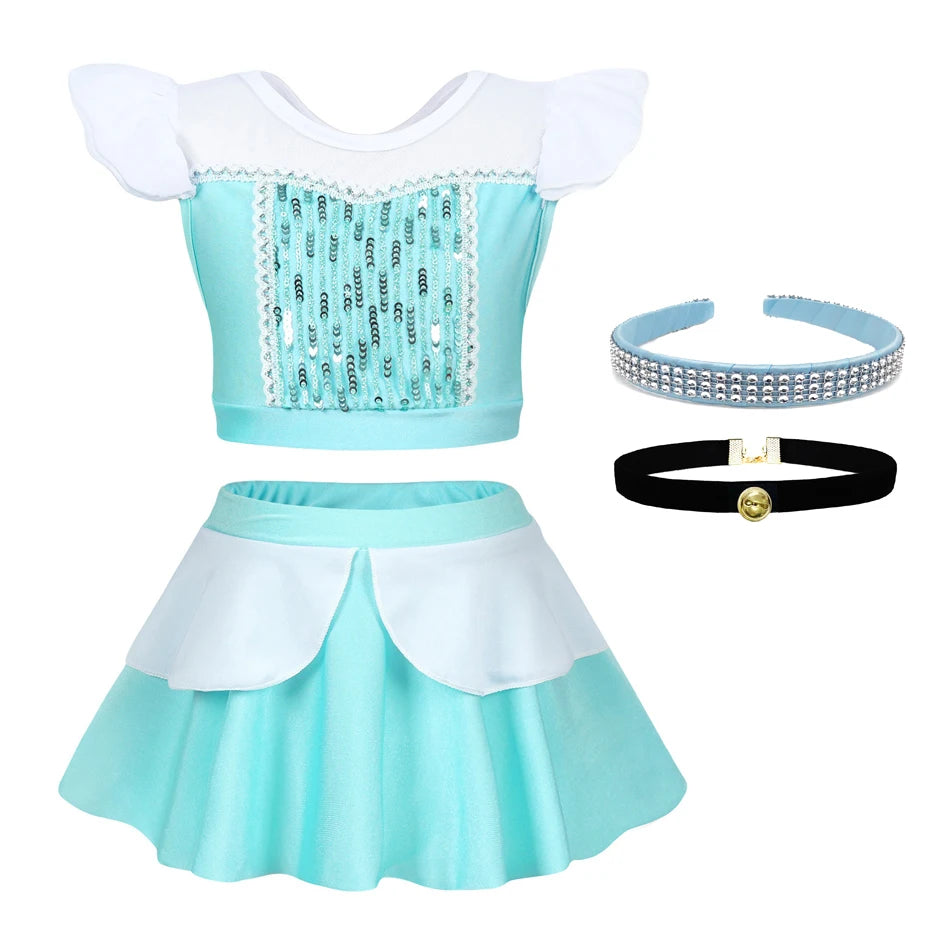Girls Princess Swimsuit Cinderella Elsa Belle Rapunzel Cosplay Beachwear Kids Summer Fashion 2 Pcs Swimsuit Sets 2-9Yrs