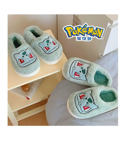 Pokémon Genuine Bulbasaur Indoor Fall and Winter Plus Velvet Warm Soft-soled Comfortable Cotton Slippers for Men and Women