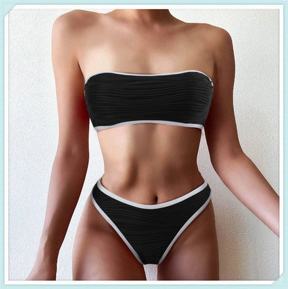 Sexy Bandeau High Waist Bikini 2023 Women Triangle Swimsuit Stitch Detail Swimwear Padded Bathing Suit Female Solid Beachwear
