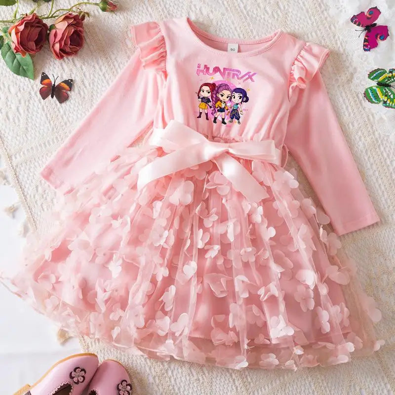 Girls' K-Pop HUNTRX "Butterfly Dreams" Dress: Long Sleeve 3D Applique Tutu Princess Gown