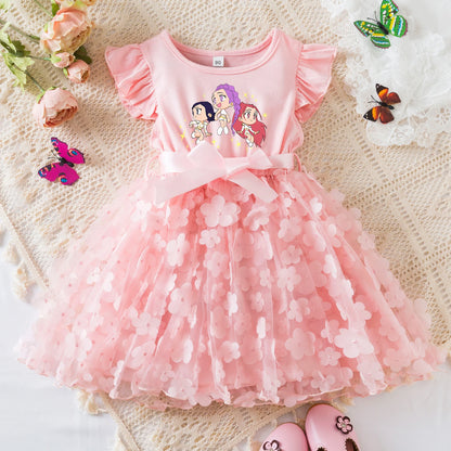 Girls' K-Pop Demon Hunters "Pink Blossom" Dress: 3D Flower Tutu & Idol Graphic Gown