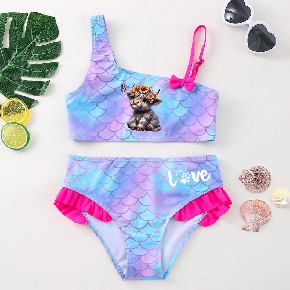 Girls' "Nature Love" Bikini Set: Mermaid Scale Pattern with Chibi Fox & Asymmetric Ruffles