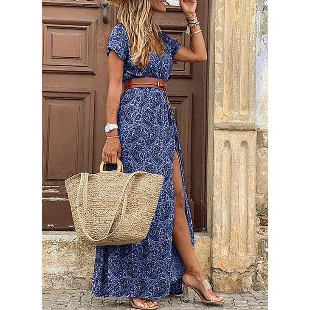 Summer Trend V-Neck Women Retro Vintage Print Slim With Belt Sexy Casual Elegant Holiday Dress High Slit Irregular Midi Dress