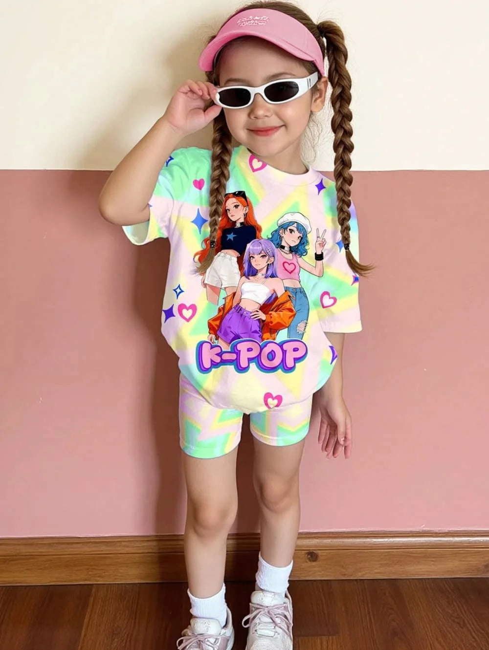 Kpop Cartoon Graphic New T-Shirt and Pants Set Girls' Summer Clothing Cute Short Sleeve Set Children's T-Shirt and Shorts Set