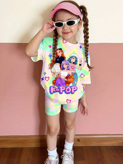 Kpop Cartoon Graphic New T-Shirt and Pants Set Girls' Summer Clothing Cute Short Sleeve Set Children's T-Shirt and Shorts Set