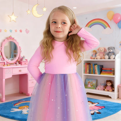 Girls' K-Pop Hunters "Chibi Rainbow" Princess Dress: Flying Sleeve Tutu with Star Sequins