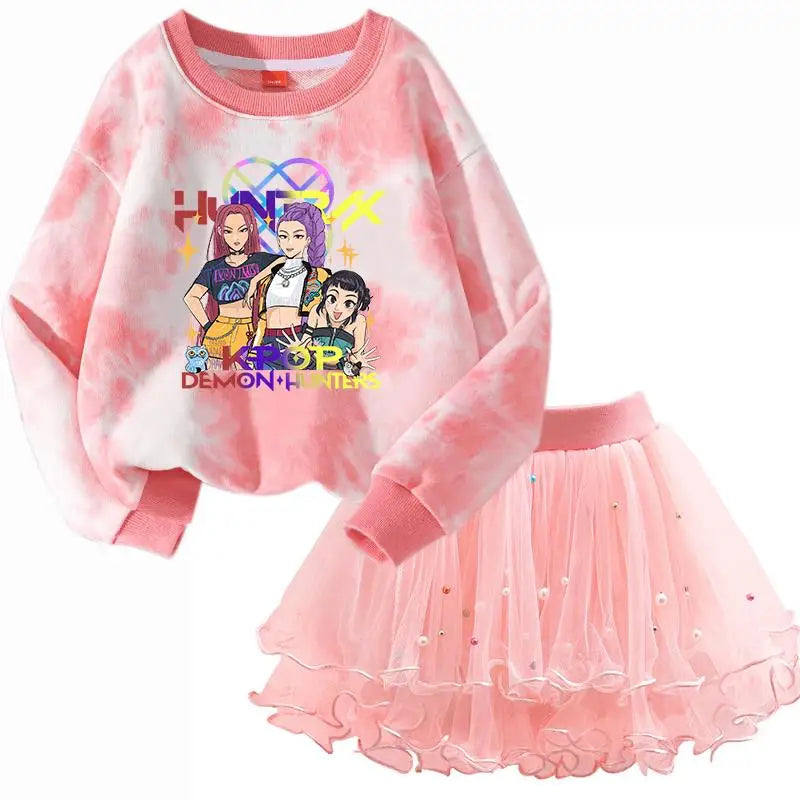 Girls' K-Pop HUNTRX Autumn Set: Pink Tie-Dye Sweatshirt & Pearl Tulle Princess Skirt