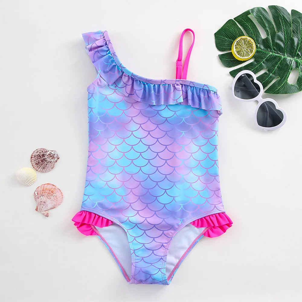 Girls' "Mermaid Heart" One-Piece Swimsuit: Colorful Scale Pattern with Asymmetric Ruffles
