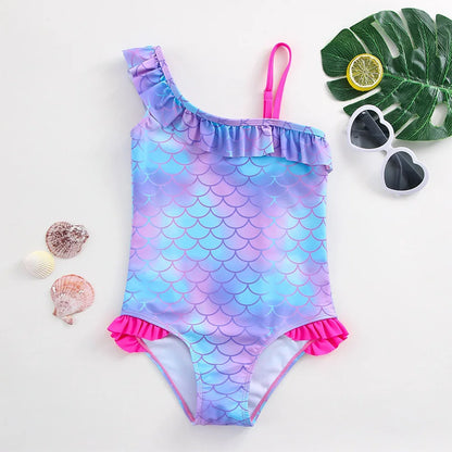 Girls' "Mermaid Heart" One-Piece Swimsuit: Colorful Scale Pattern with Asymmetric Ruffles