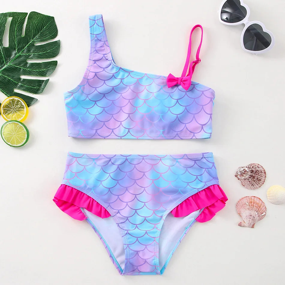 Girls' "Nature Love" Bikini Set: Mermaid Scale Pattern with Chibi Fox & Asymmetric Ruffles