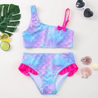 Girls' "Nature Love" Bikini Set: Mermaid Scale Pattern with Chibi Fox & Asymmetric Ruffles