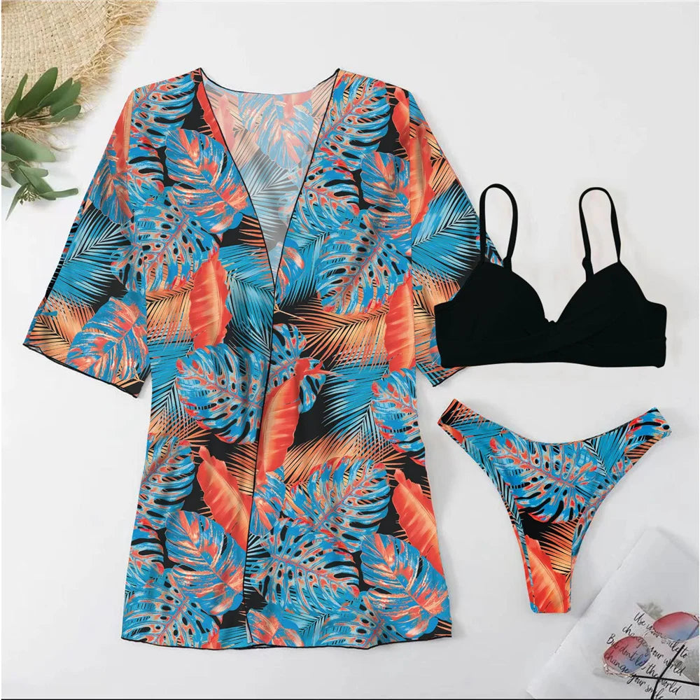 Three Pieces Bikini Set Cover Up Women 2023 New Push Up Twist Swimsuit Print Long Sleeve Swimwear Biquini Bathing Suit Summer