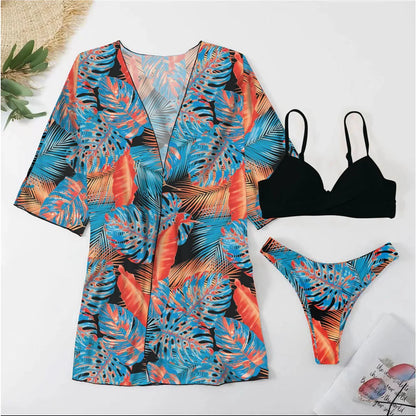 Three Pieces Bikini Set Cover Up Women 2023 New Push Up Twist Swimsuit Print Long Sleeve Swimwear Biquini Bathing Suit Summer