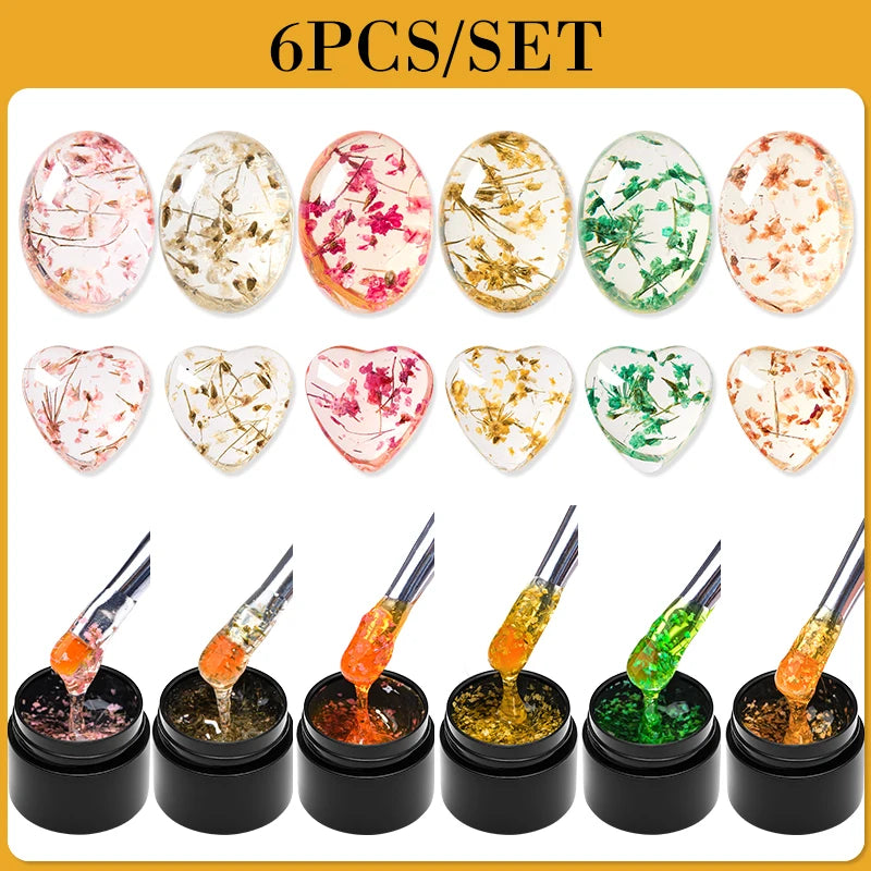 MEET ACROSS 6Pcs//Set Dried Flower Gel Nail Polish Natural Flower Fairy Gel Nail Art Painting Varnishes Summer Varnish For Nail