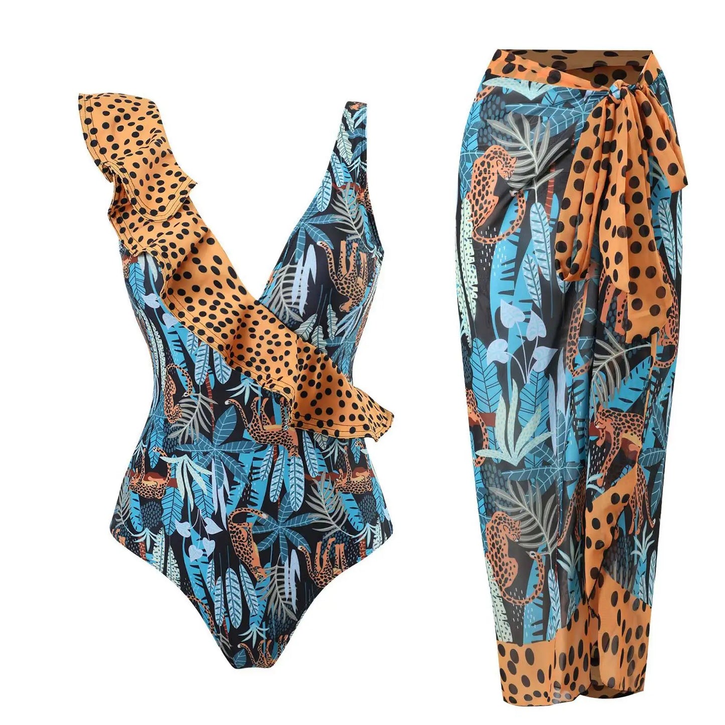 2024 Sexy Women's Swimsuit with Skirt One-Piece Swimwear Vintage Ruffle V Neck Cover Up Bikinis Set Beachwear Bathing Suit