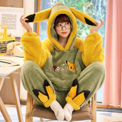 Pokemon Anime Pikachu Pajamas Hooded Women Cartoon Thickened Winter Plush Kawaii Nightgown Suit Two Home Clothing Christmas Gift