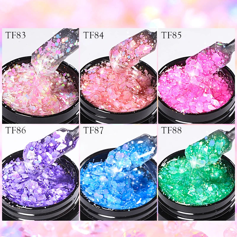 MEET ACROSS 6Pcs/Set 8ml Macaron Glitter Sequins Nail Gel Polish Heart diamond Shaped Nart Art UV Gel Varnish For Manicure