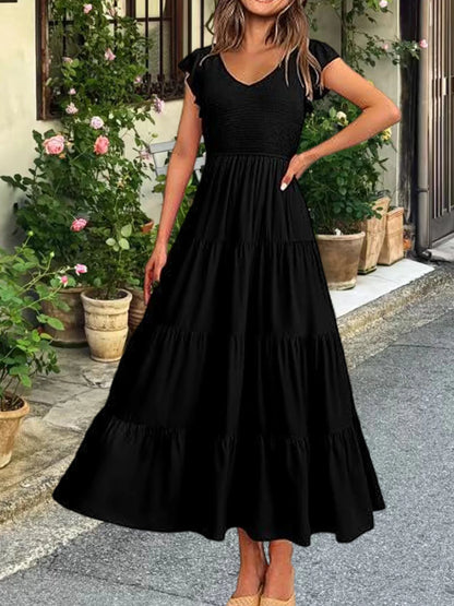 Ruched V-Neck Tiered Maxi Dress: Flutter Butterfly Sleeve Summer Gown