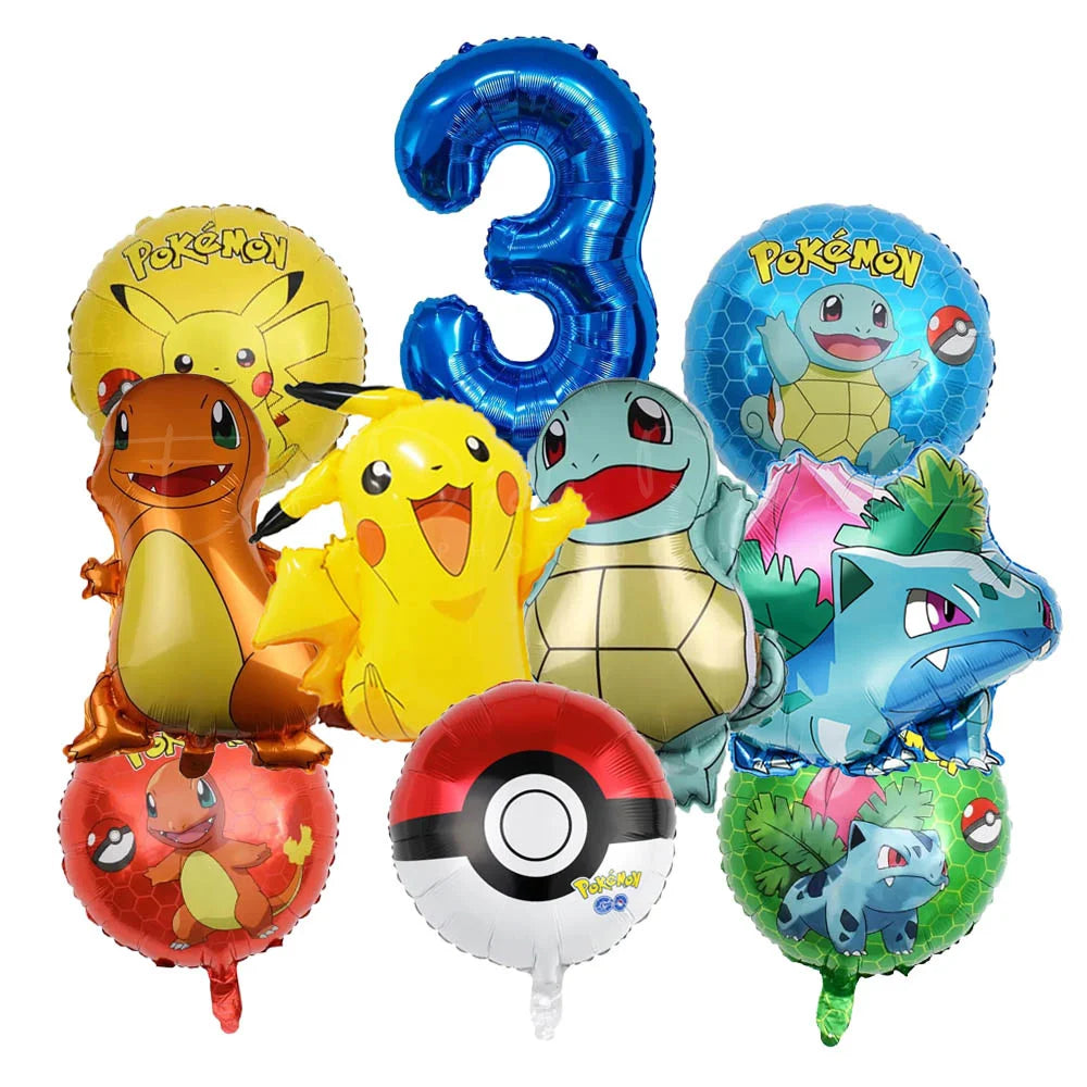 10pcs Cartoon Theme Party Balloon jump Pikachu Little Fire Dragon Jenny Turtle Foil Balloon Kids Birthday Party Decoration Gifts