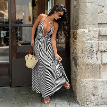 2026 Summer New Style Deep V-neck Striped Beach Dress, Sexy Backless Sleeveless Neckline Long Dress