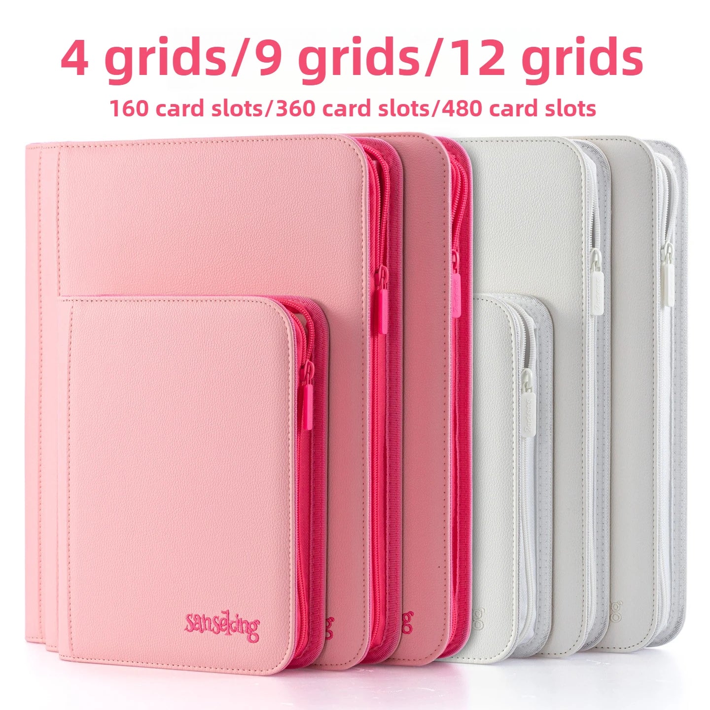 Premium Zipper 4/9/12 Pocket PU Card Binder - Aesthetic Pink & White Album for Pokemon Cards, Game Collection & Fan Photos