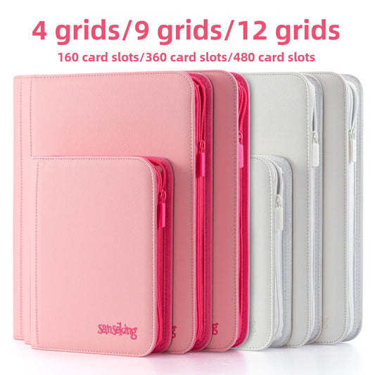 Premium Zipper 4/9/12 Pocket PU Card Binder - Aesthetic Pink & White Album for Pokemon Cards, Game Collection & Fan Photos