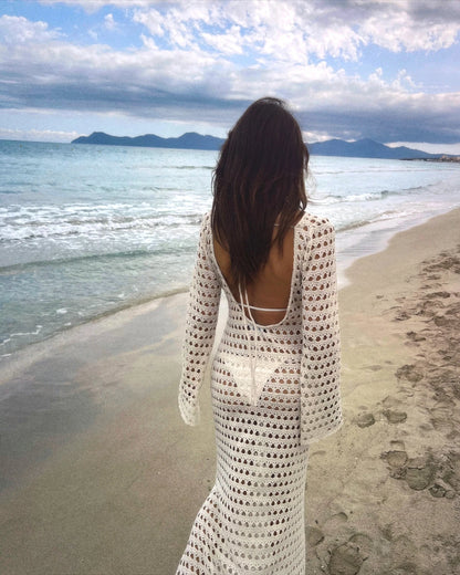 Sexy Knit Mesh Backless Long Bell Sleeve Beach Maxi Dress 2026 Women's Summer Slim Outfits Vacation Swimsuit Cover Up Tunic K205
