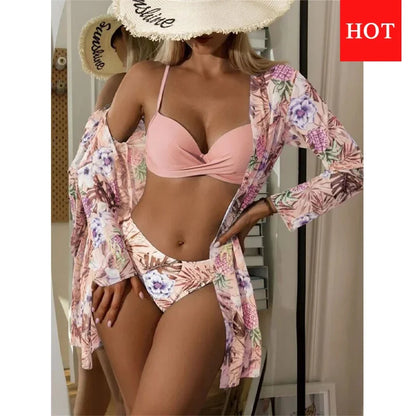 Three Pieces Bikini Set Cover Up Women 2023 New Push Up Twist Swimsuit Print Long Sleeve Swimwear Biquini Bathing Suit Summer