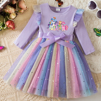 My Little Ponys Colorful Princess Dress for Kids Girls Casual Long Sleeve Sequin Mesh Dresses Party Gift 1-5Y