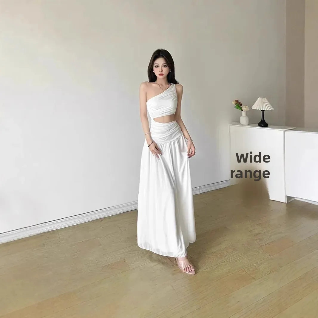 Original Quality French Style White Sleeveless Asymmetrical Shoulder Summer Long Dress Women's Holiday Feelings Skirt