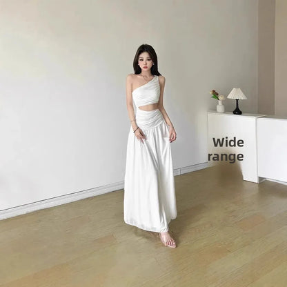 Original Quality French Style White Sleeveless Asymmetrical Shoulder Summer Long Dress Women's Holiday Feelings Skirt