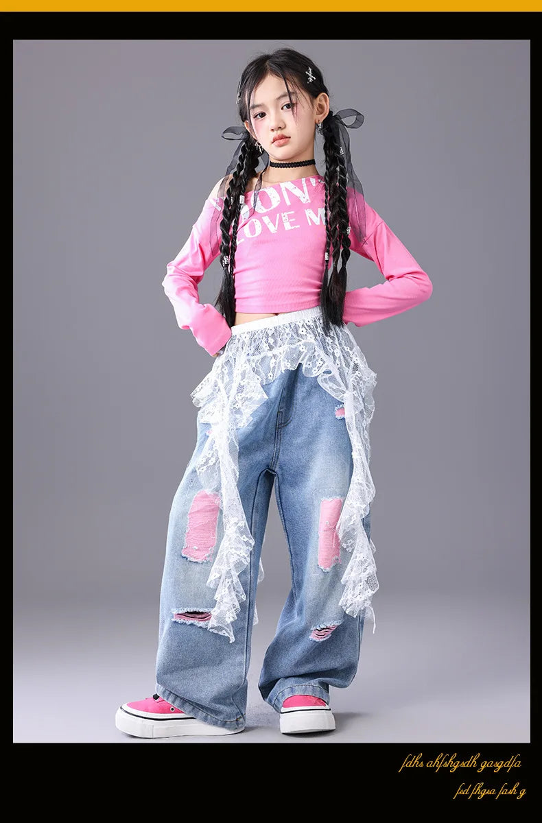 Girls Hip Hop Off Shoulder Crop Top ‌Street Dance Skirts Cargo Pants Children Streetwear Jeans Kids K-pop Girl Group Clothes Set