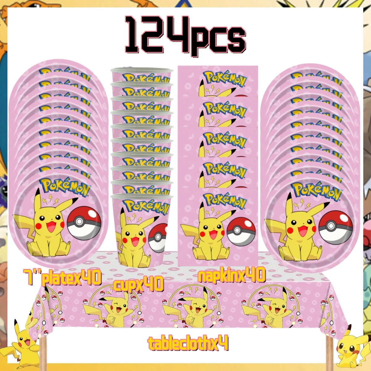 Pink Pokemon Birthday Party Decoration Disposable Tableware Set Pikachu Tablecloth Cup Plate Baby Shower Kids Diy Party Supplies
