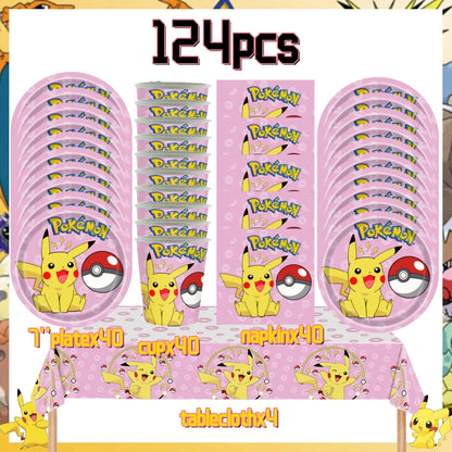 Pink Pokemon Birthday Party Decoration Disposable Tableware Set Pikachu Tablecloth Cup Plate Baby Shower Kids Diy Party Supplies