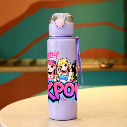 Kids' K-Pop "Idol Dreams" Portable Water Bottle: 3D Printed Leak-Proof Bottle with Lanyard