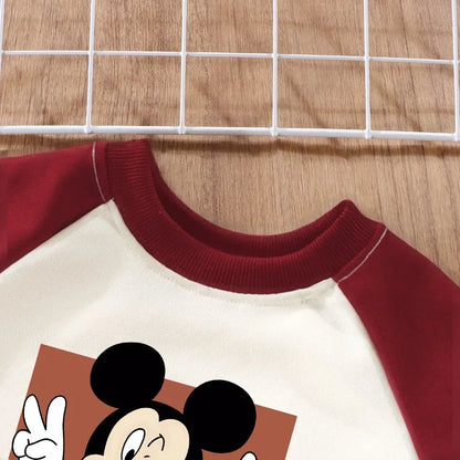 Spring Autumn Children O Neck Hoodies Sets Baby Girls Casual Sweatshirts Kids Spliced Long Sleeved Pullover Mickey Printed