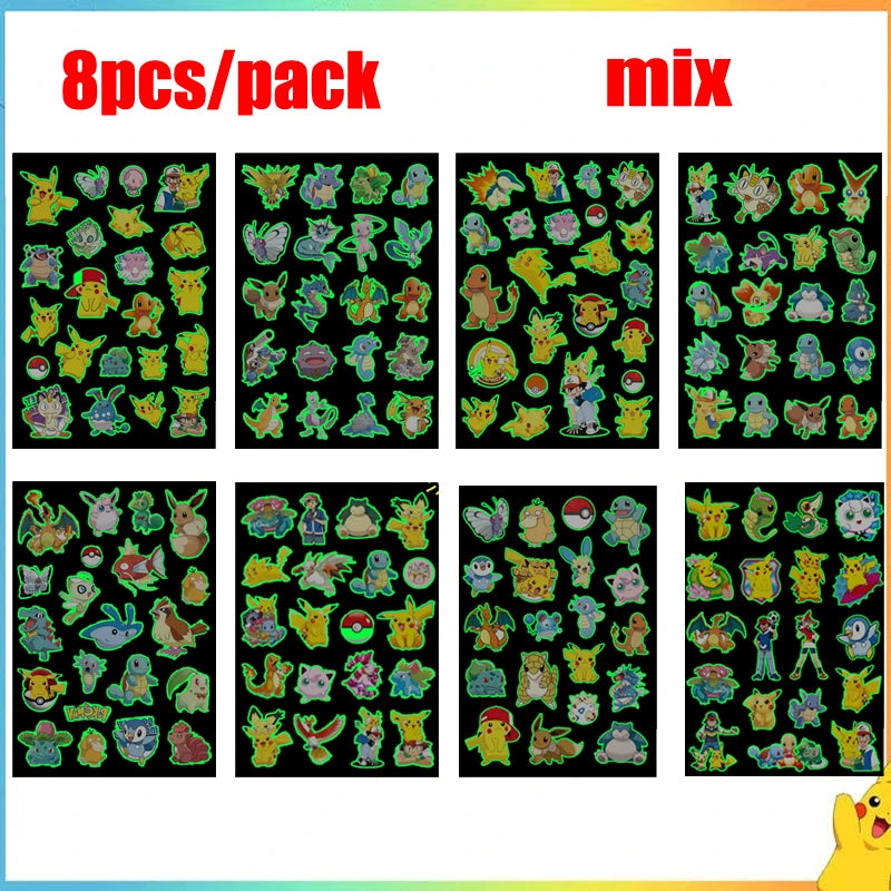 8pcs Luminous Pokemon Pikachu Cute Tattoo Stickers Arm Face Glowing Body Art Children Temporary Tattoo Kids Gift Party Supplies